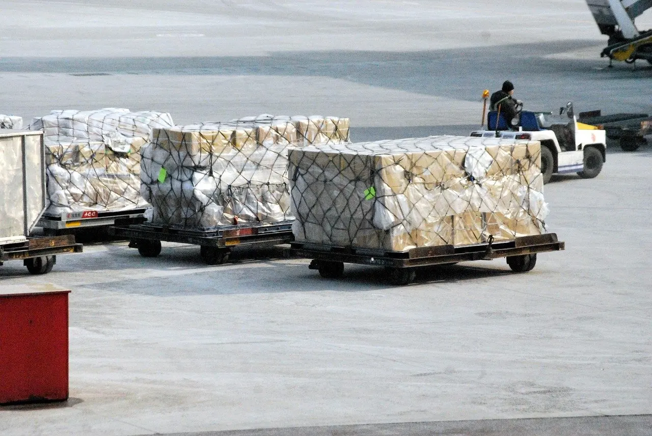 In Netze verpackte Frachtgüter auf Rollwagen auf einem Vorfeld, im Hintergrund ein Gepäckschlepper mit Fahrer.
